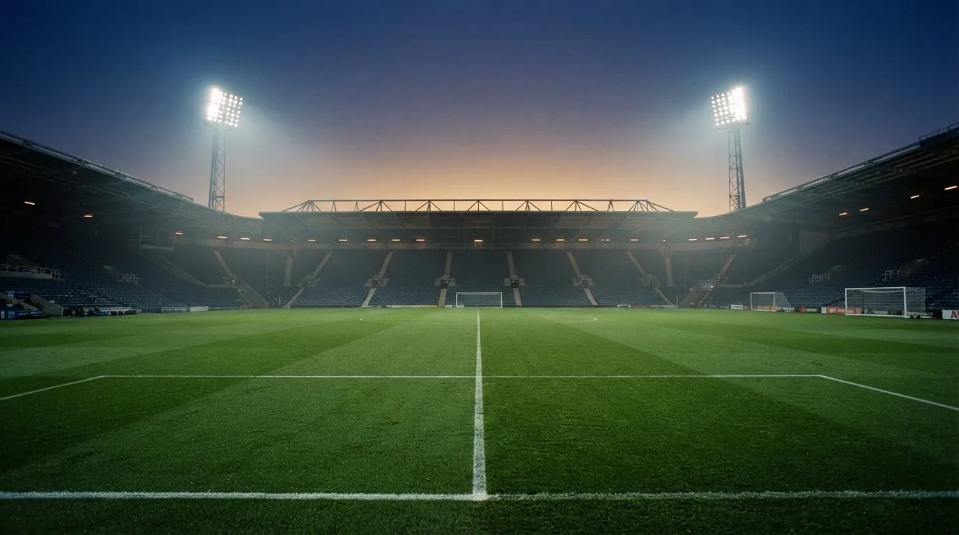 An empty football stadium with floodlight masts at dusk
