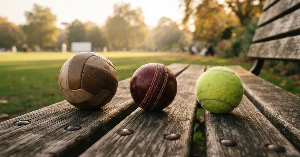 Three balls of different kinds side by side on a wooden bench