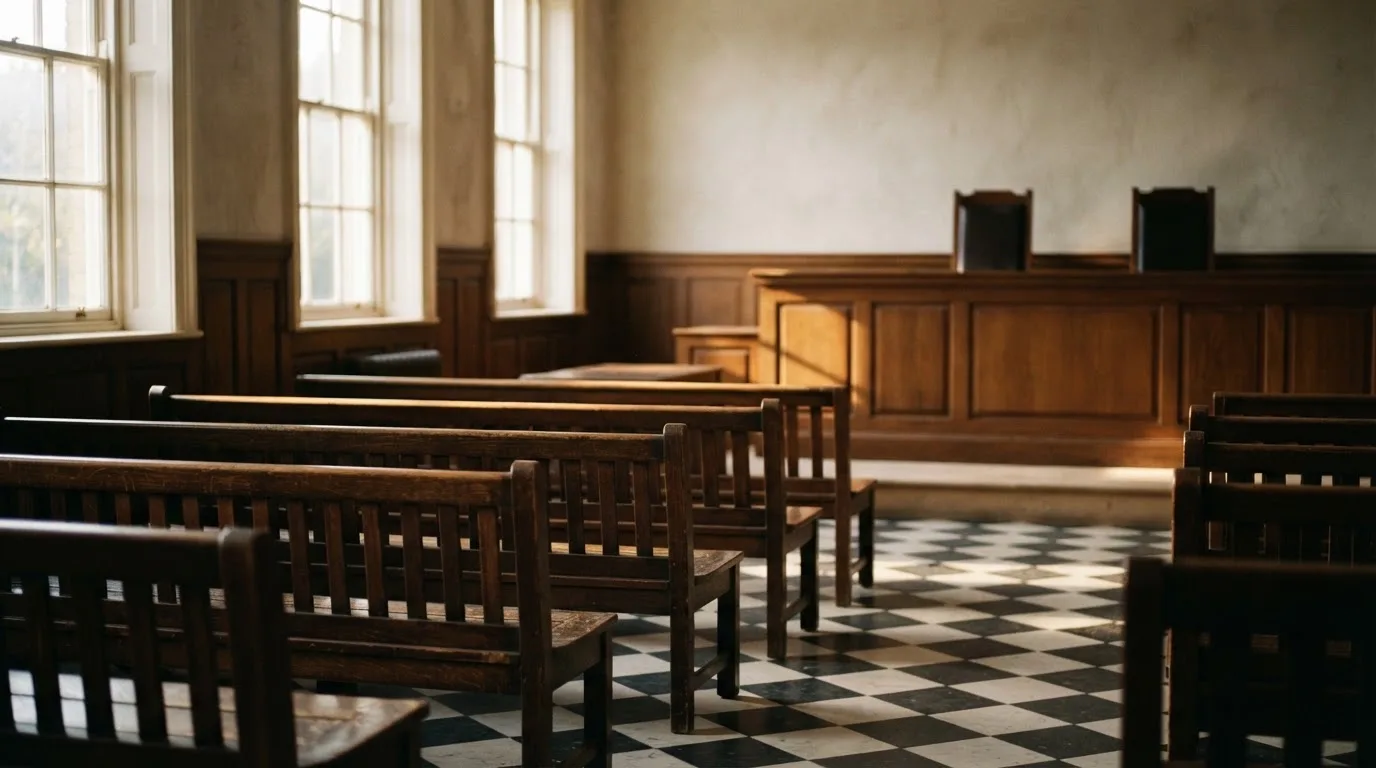 An empty courtroom with wooden benches in morning light