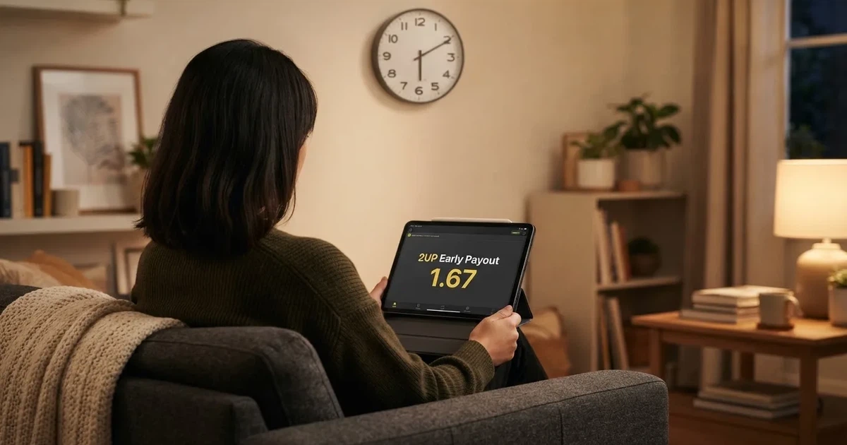 A person on a sofa looking thoughtfully at a tablet, a wall clock in the background