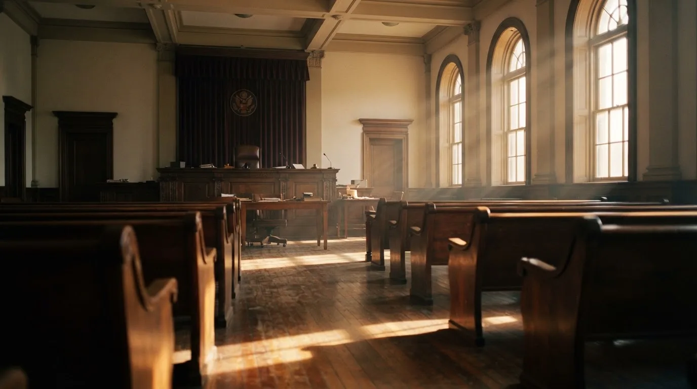 An empty courtroom with wooden benches in morning light