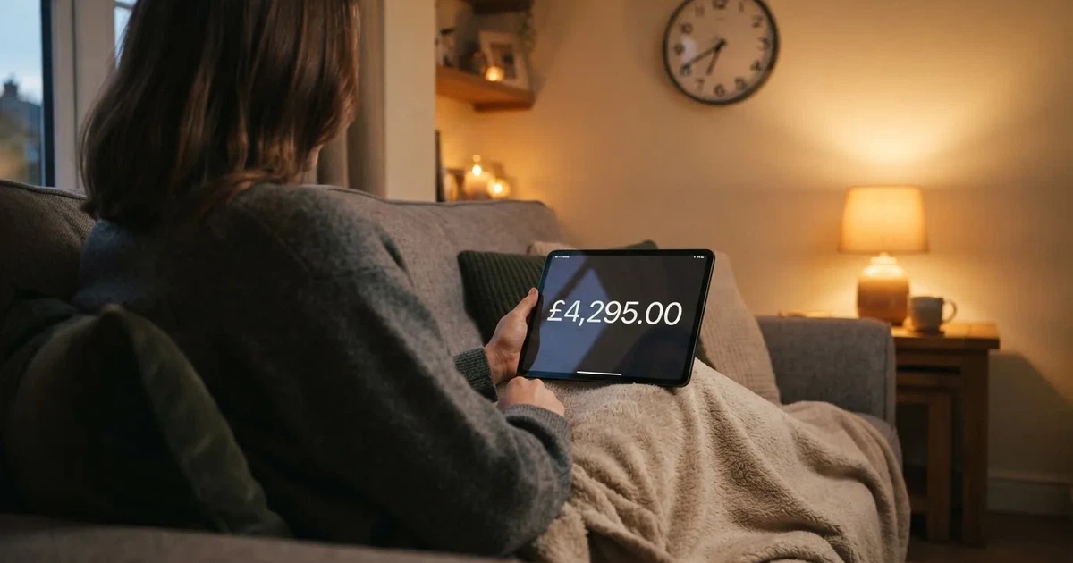 A person on a sofa looking thoughtfully at a tablet, a wall clock in the background