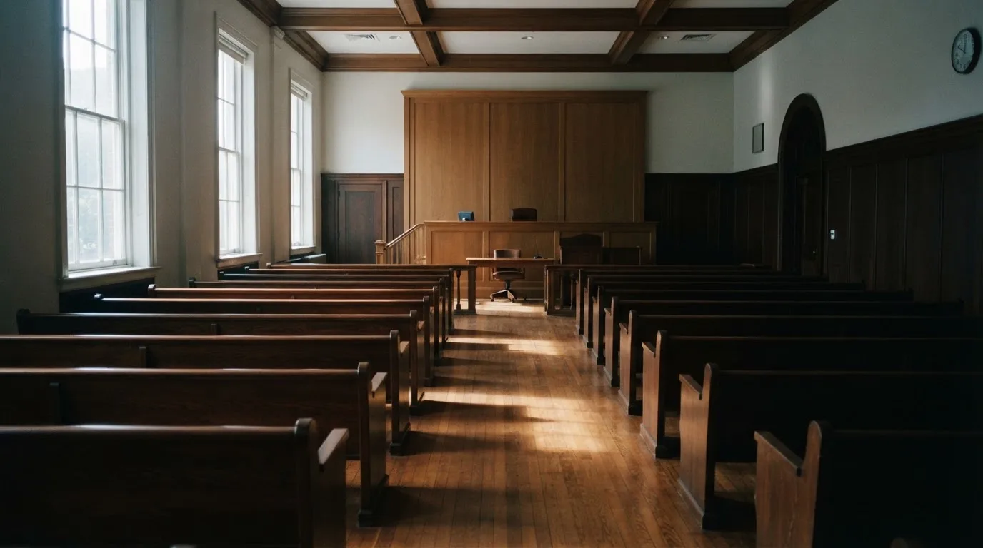 An empty courtroom with wooden benches in morning light