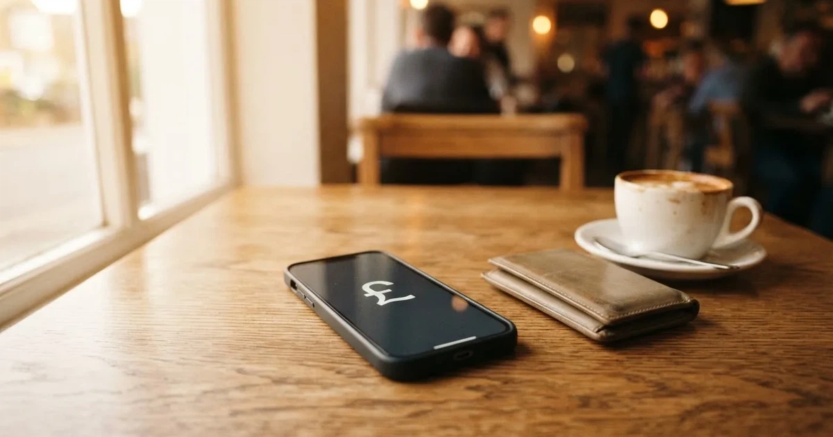 A smartphone on a wooden table beside a wallet and a coffee cup