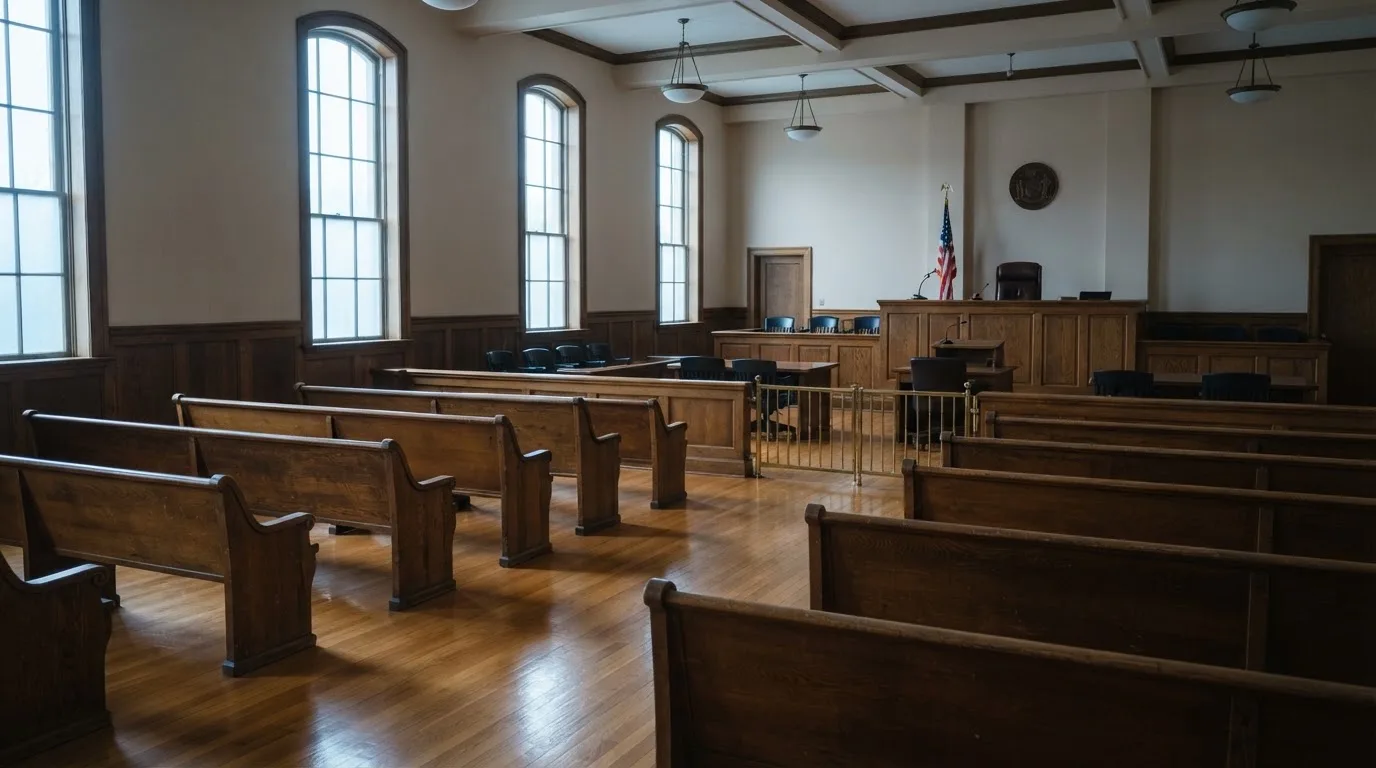 An empty courtroom with wooden benches in morning light