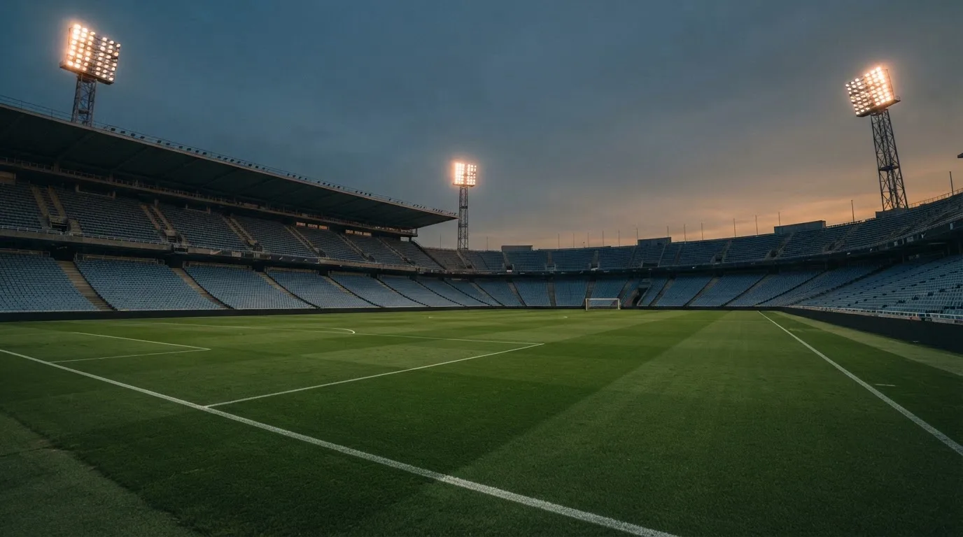 An empty football stadium with floodlight masts at dusk