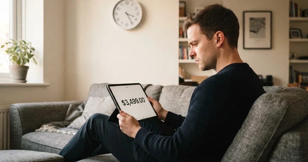 A person on a sofa looking thoughtfully at a tablet, a wall clock in the background