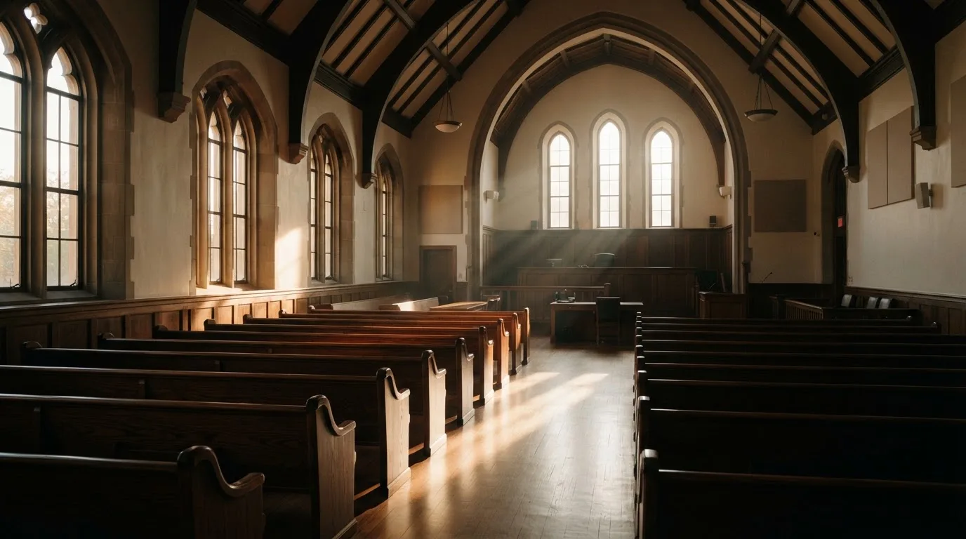 An empty courtroom with wooden benches in morning light