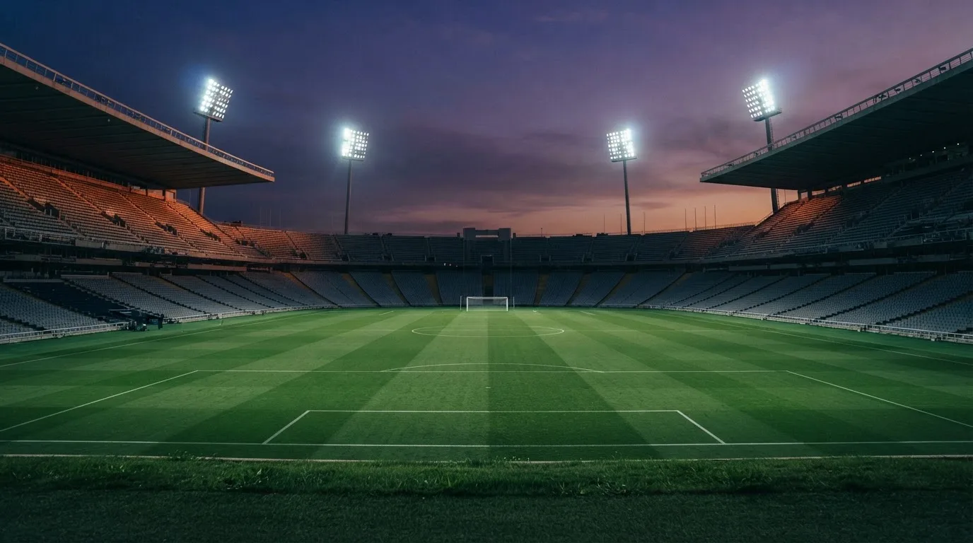 An empty football stadium with floodlight masts at dusk