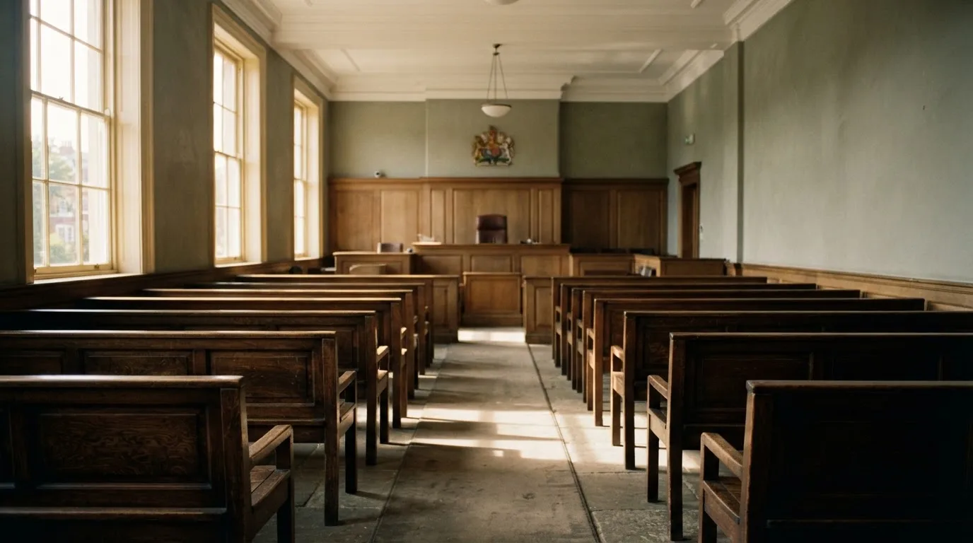 An empty courtroom with wooden benches in morning light