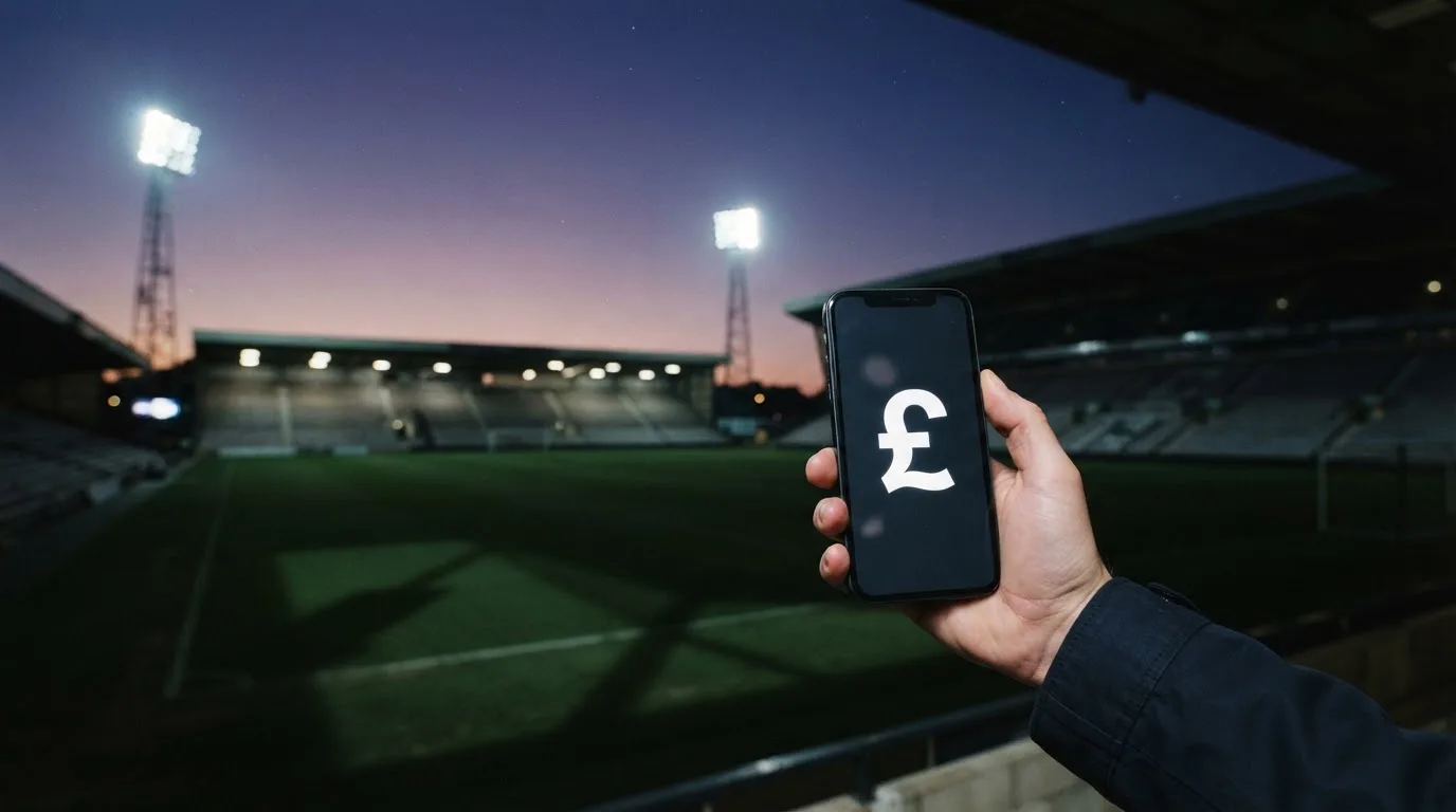 An empty football stadium with floodlight masts at dusk
