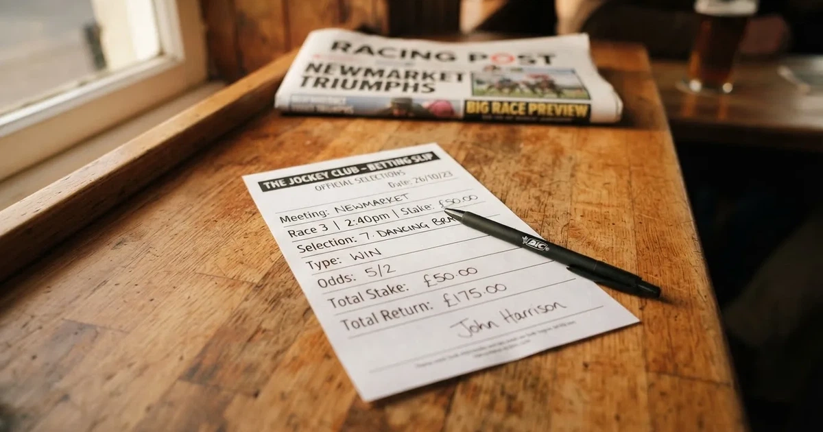 A blank paper betting slip beside a pen on a wooden counter