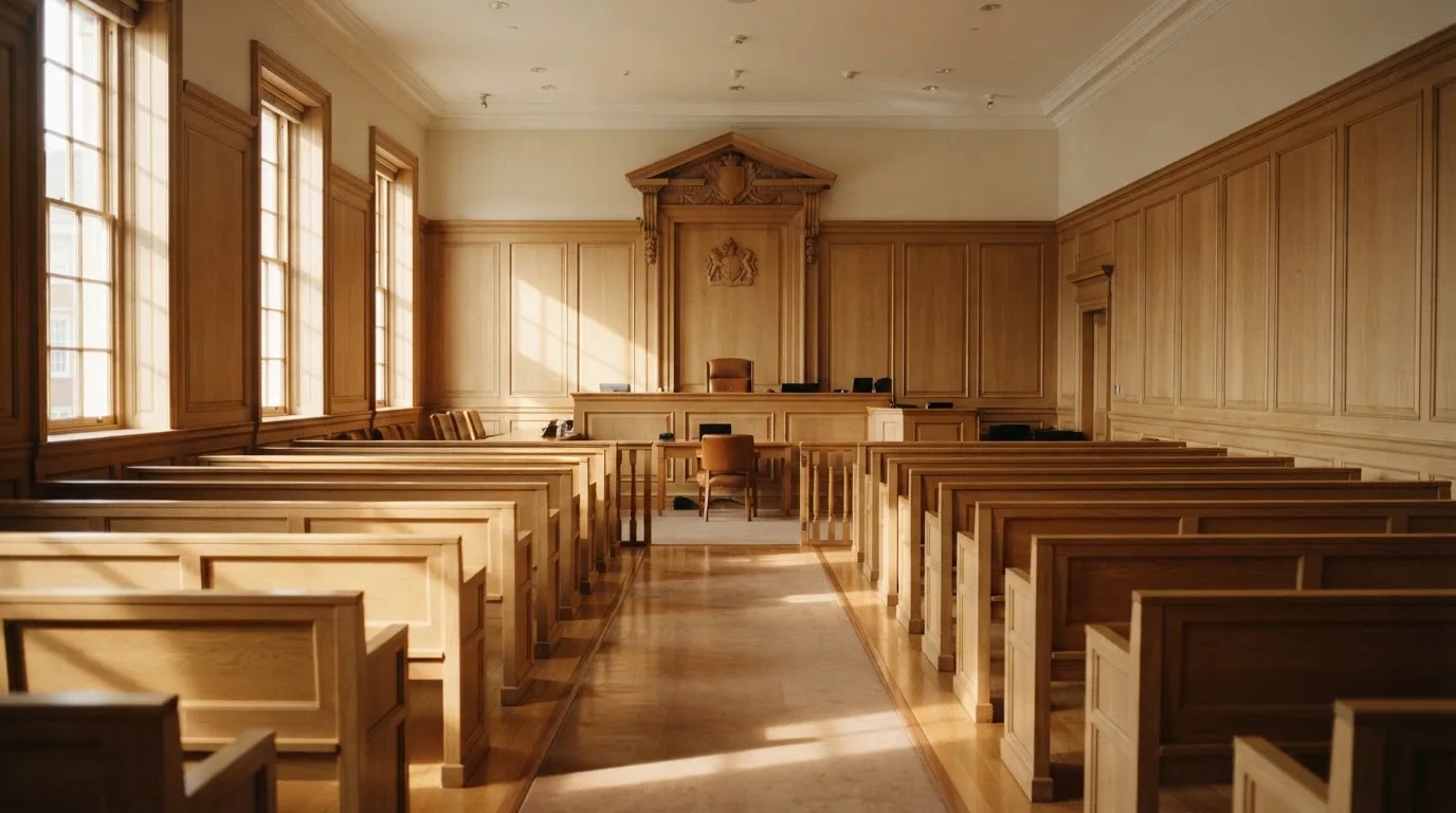 An empty courtroom with wooden benches in morning light