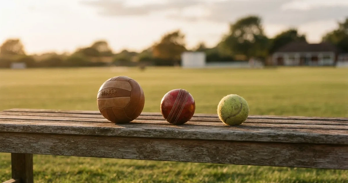 Three balls of different kinds side by side on a wooden bench