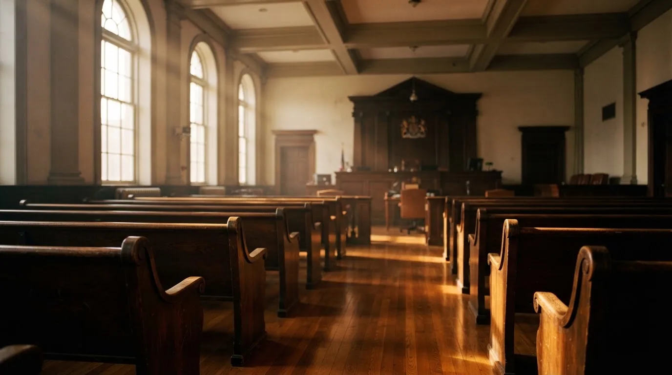 An empty courtroom with wooden benches in morning light