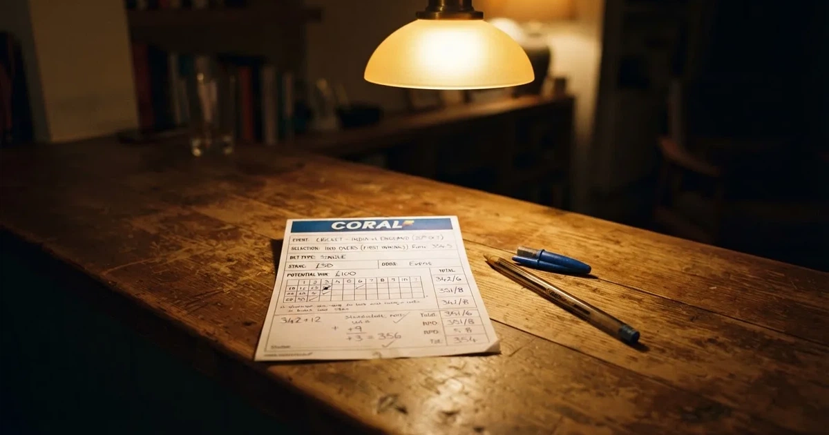 A blank paper betting slip beside a pen on a wooden counter
