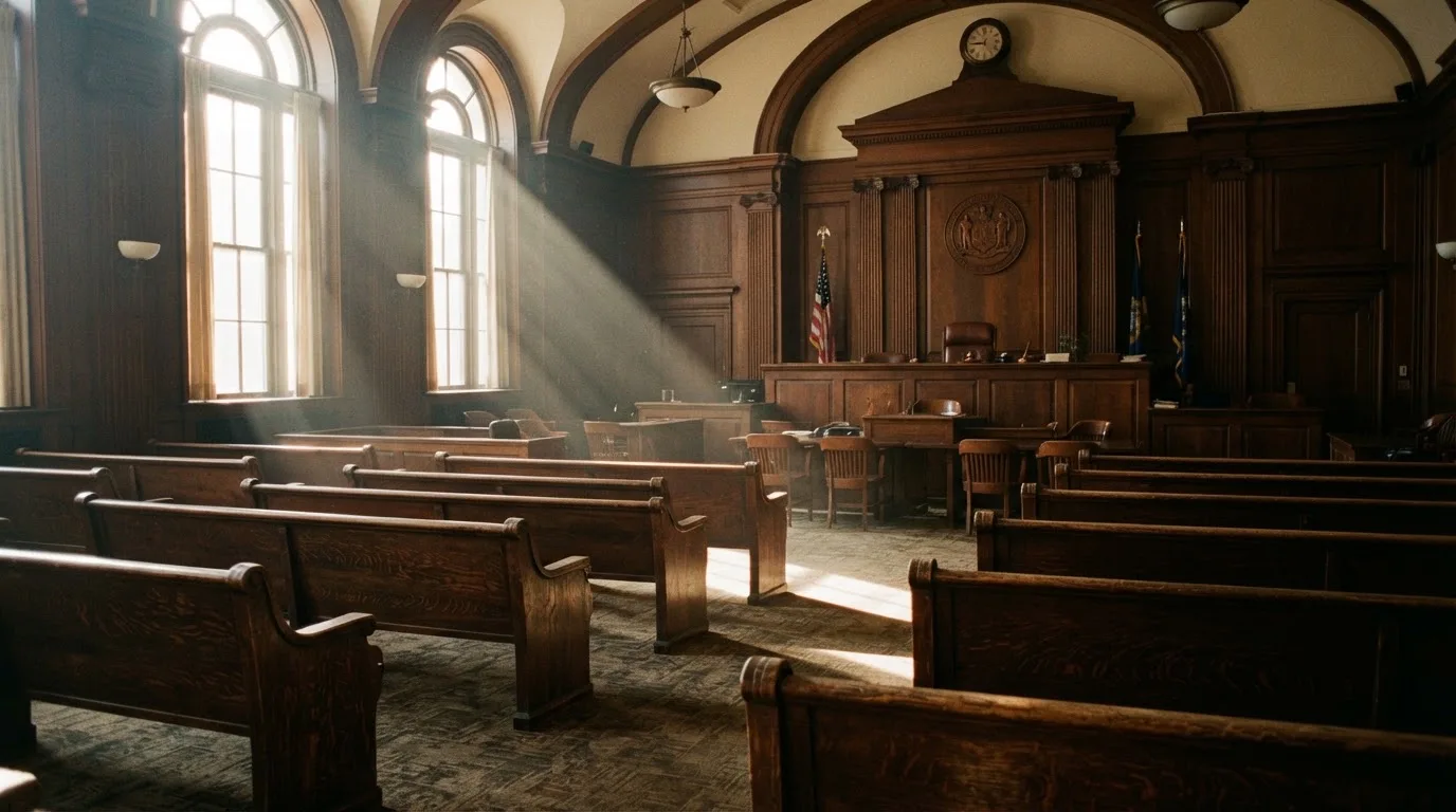 An empty courtroom with wooden benches in morning light
