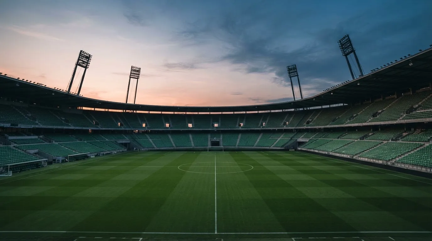 An empty football stadium with floodlight masts at dusk