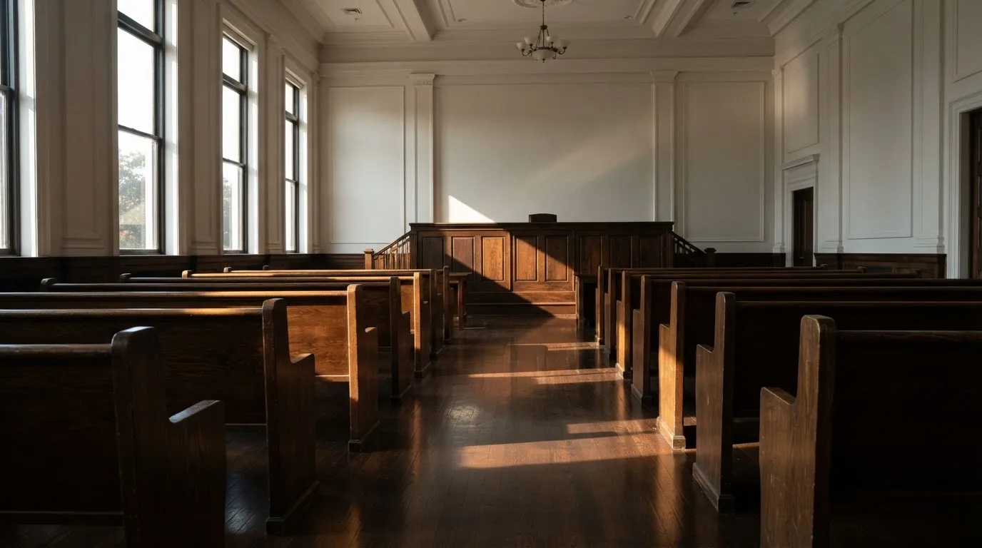 An empty courtroom with wooden benches in morning light