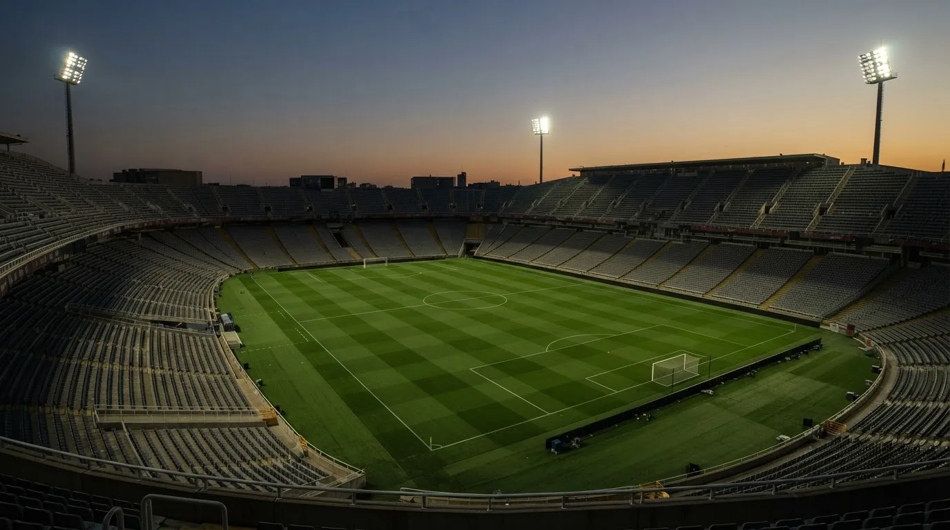 An empty football stadium with floodlight masts at dusk