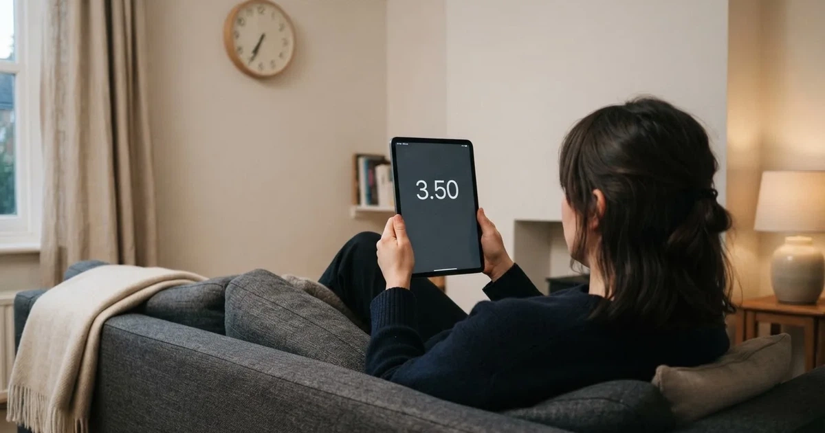 A person on a sofa looking thoughtfully at a tablet, a wall clock in the background