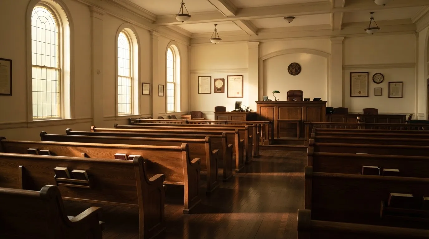An empty courtroom with wooden benches in morning light