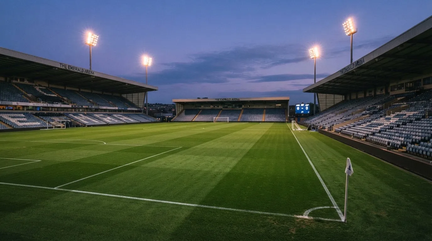 An empty football stadium with floodlight masts at dusk