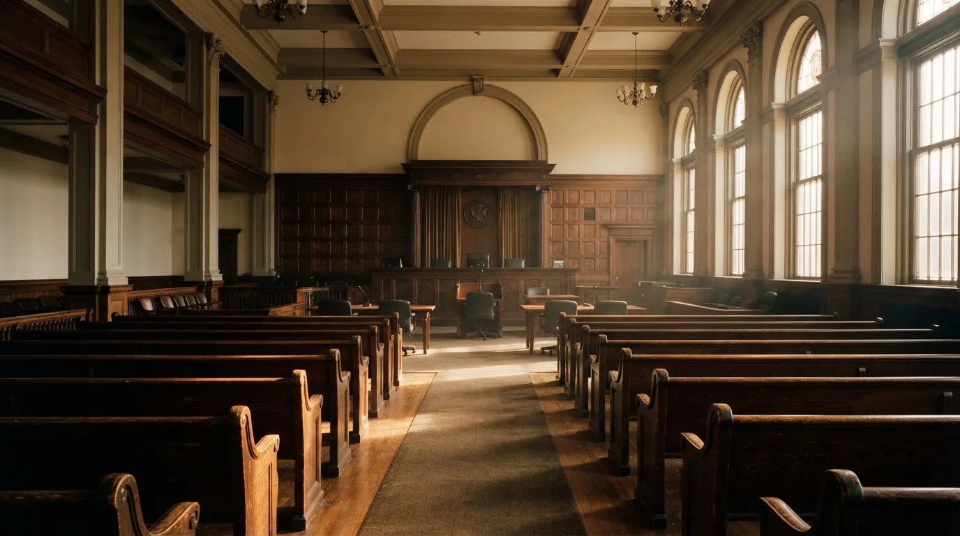 An empty courtroom with wooden benches in morning light