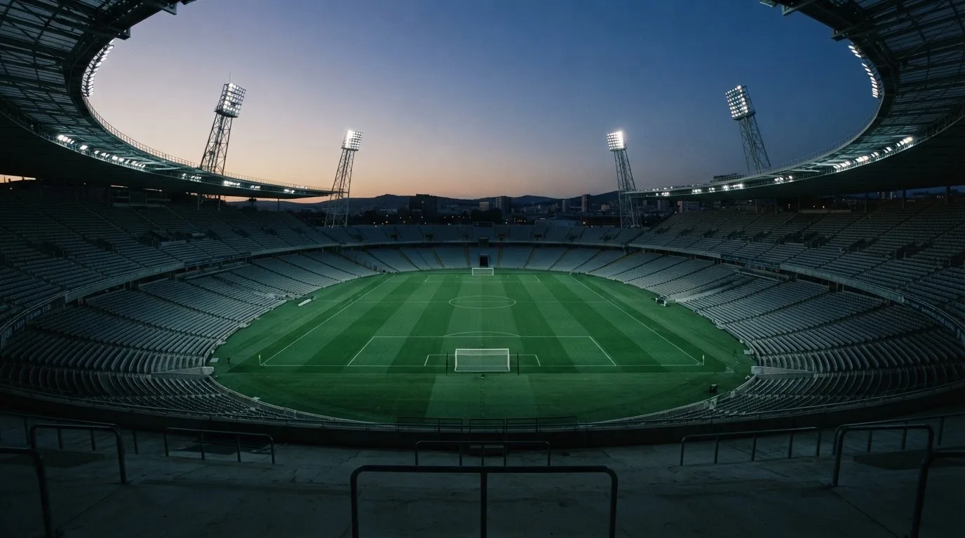 An empty football stadium with floodlight masts at dusk