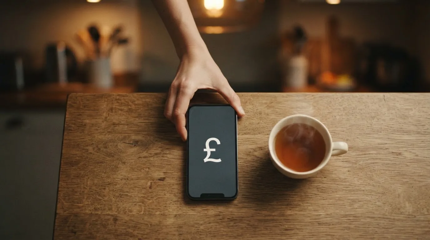 A hand setting a smartphone down beside a cup of tea on a kitchen table on a quiet evening