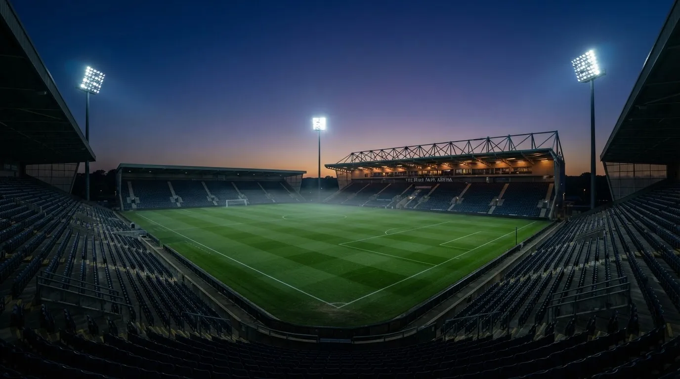 An empty football stadium with floodlight masts at dusk