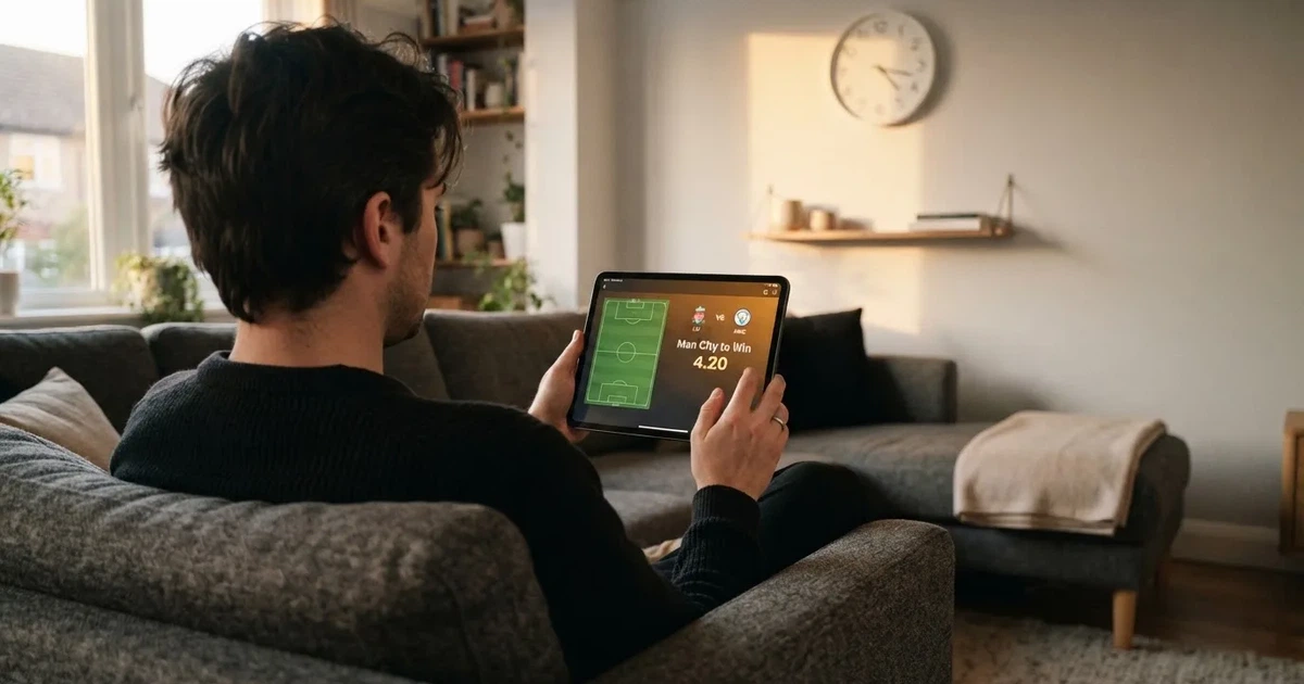 A person on a sofa looking thoughtfully at a tablet, a wall clock in the background