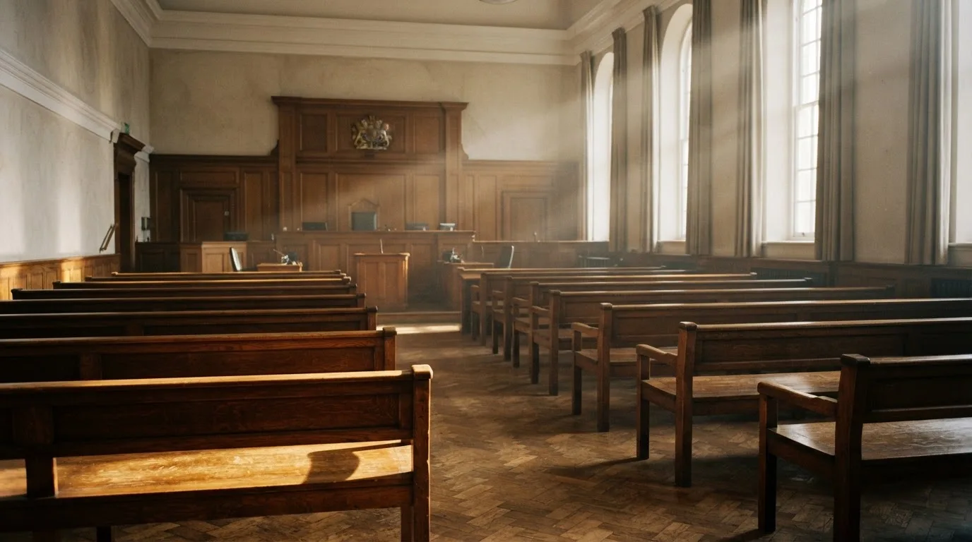An empty courtroom with wooden benches in morning light