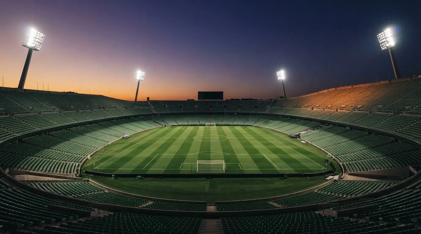 An empty football stadium with floodlight masts at dusk