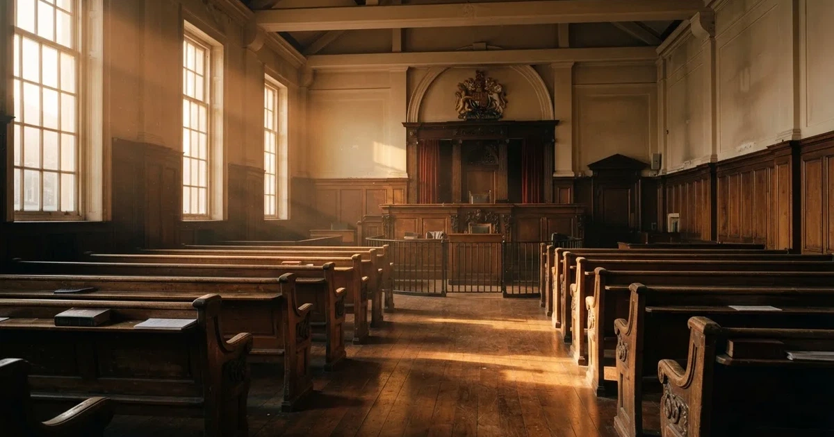 An empty courtroom with wooden benches in morning light