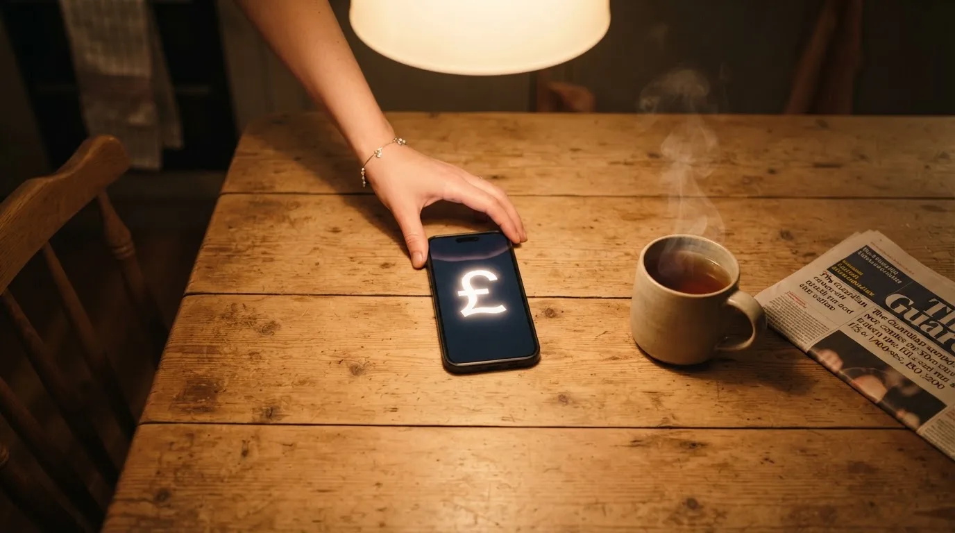 A hand setting a smartphone down beside a cup of tea on a kitchen table on a quiet evening