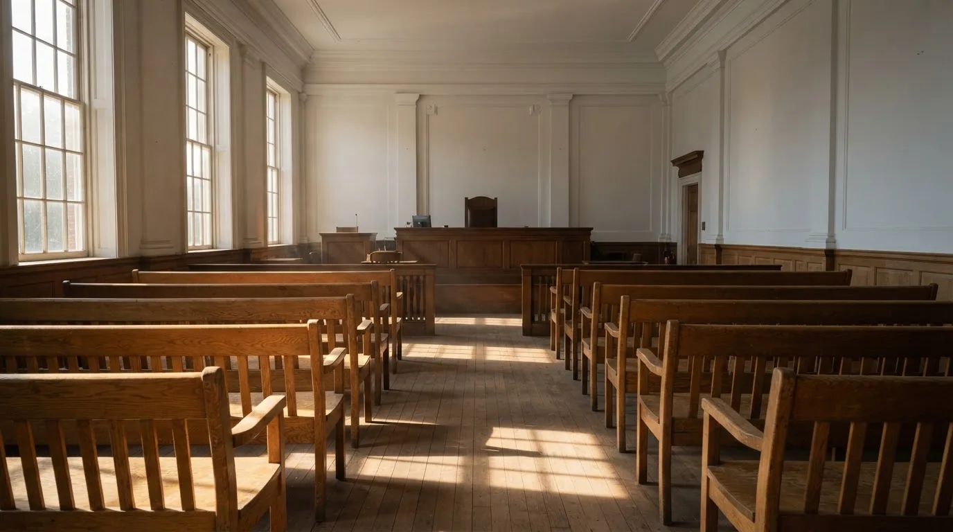 An empty courtroom with wooden benches in morning light