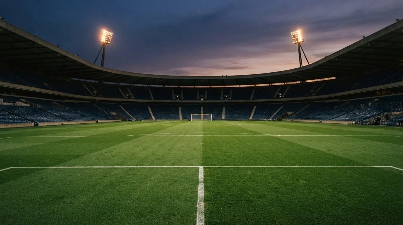 An empty football stadium with floodlight masts at dusk