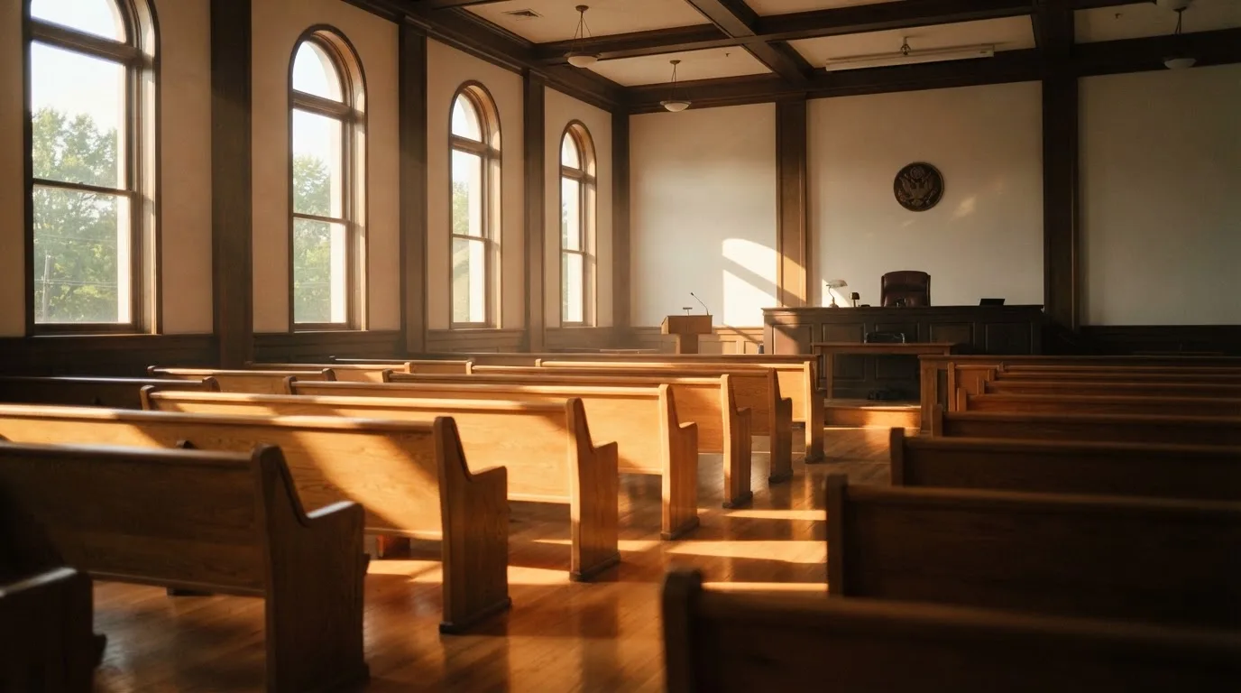 An empty courtroom with wooden benches in morning light