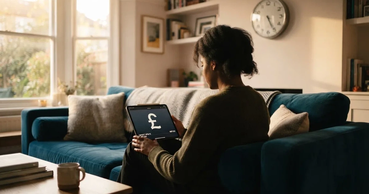 A person on a sofa looking thoughtfully at a tablet, a wall clock in the background