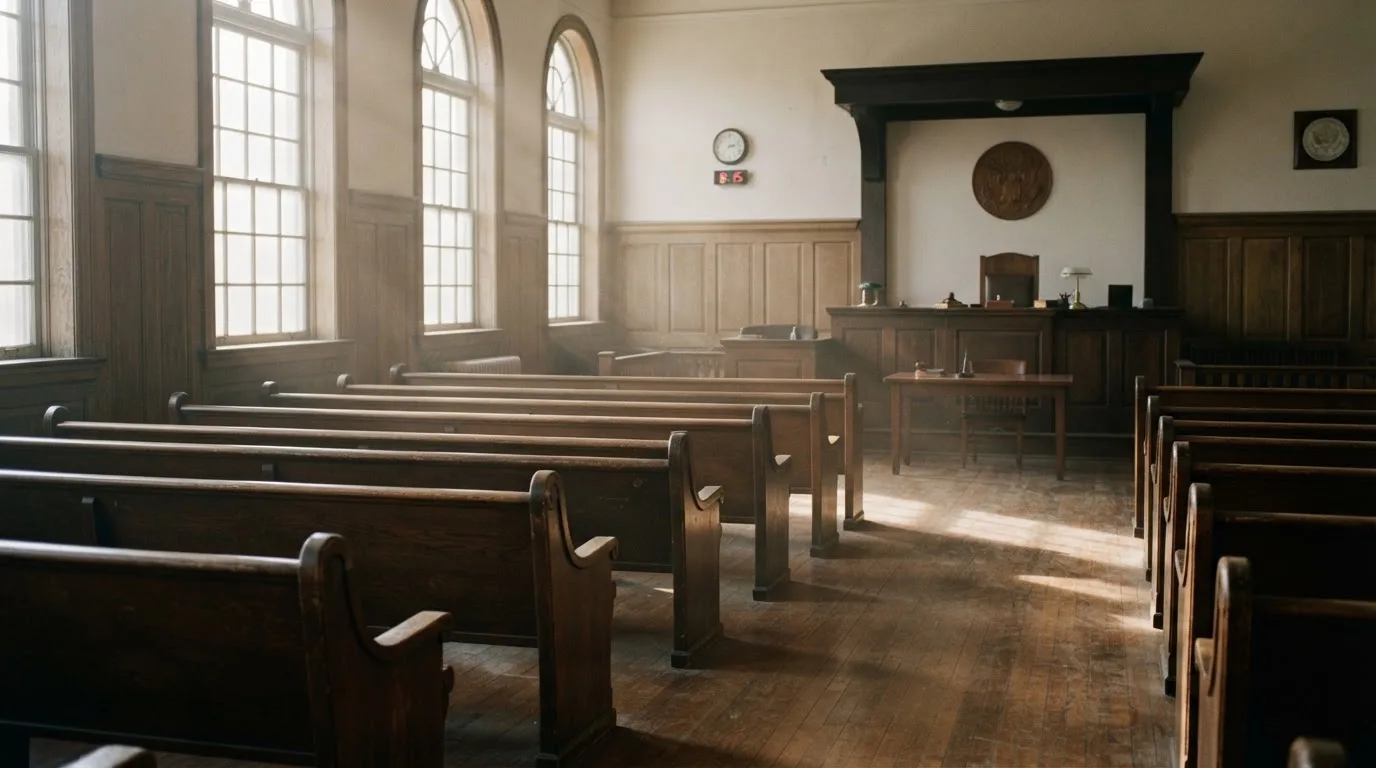 An empty courtroom with wooden benches in morning light