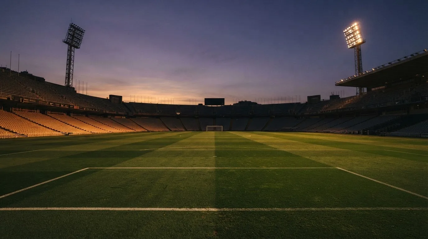 An empty football stadium with floodlight masts at dusk