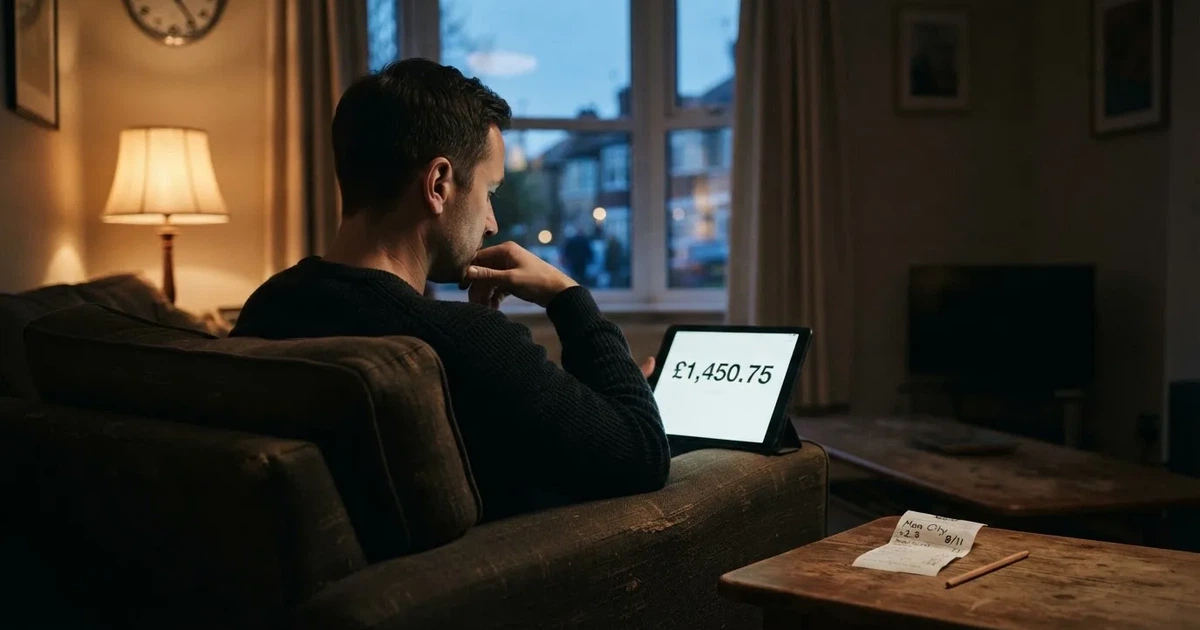 A person on a sofa looking thoughtfully at a tablet, a wall clock in the background