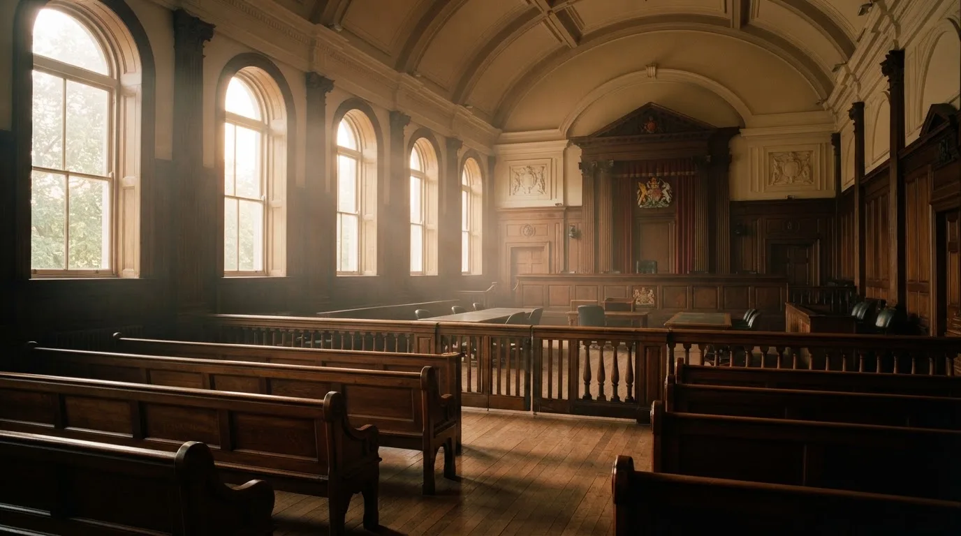 An empty courtroom with wooden benches in morning light