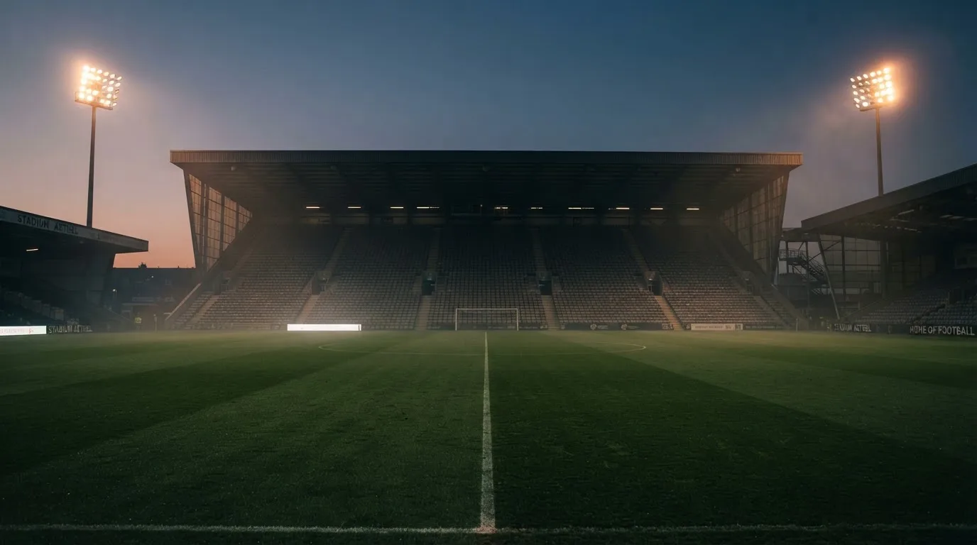 An empty football stadium with floodlight masts at dusk