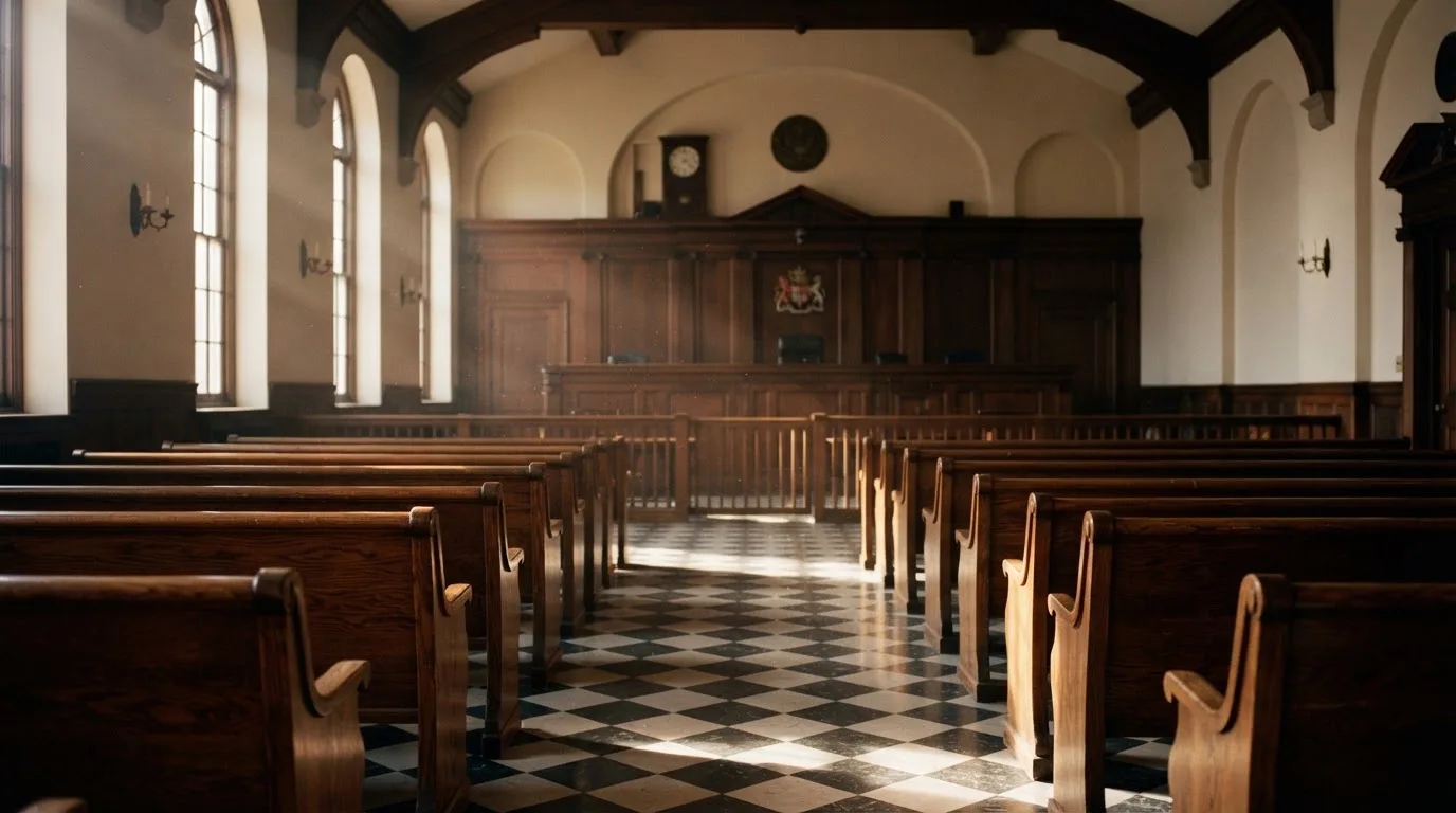 An empty courtroom with wooden benches in morning light