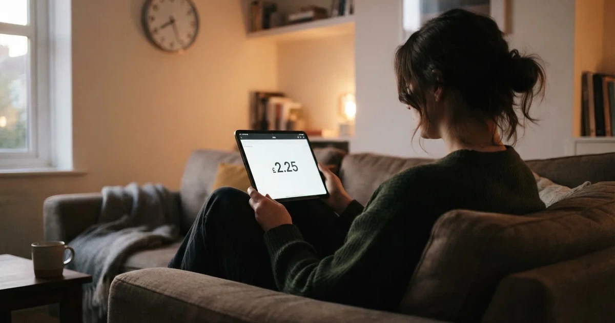 A person on a sofa looking thoughtfully at a tablet, a wall clock in the background