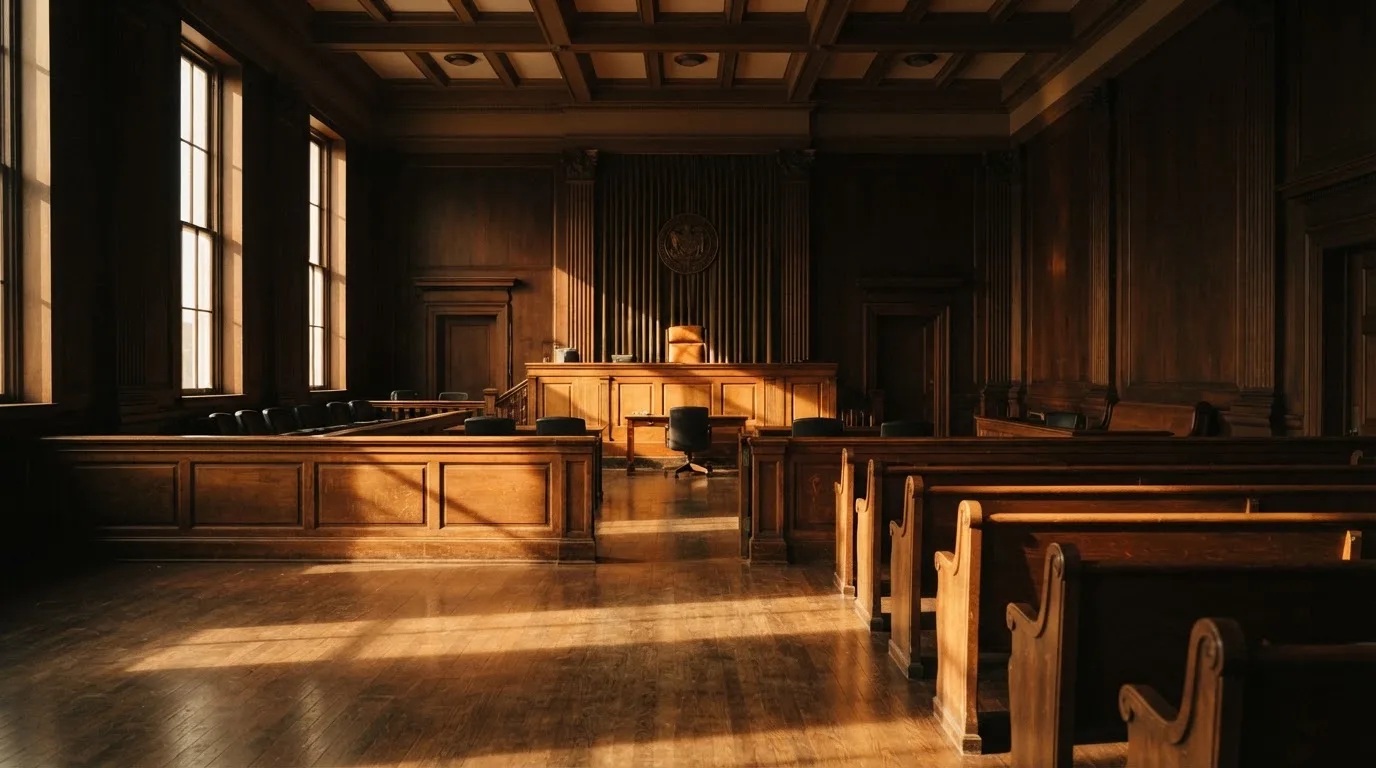 An empty courtroom with wooden benches in morning light