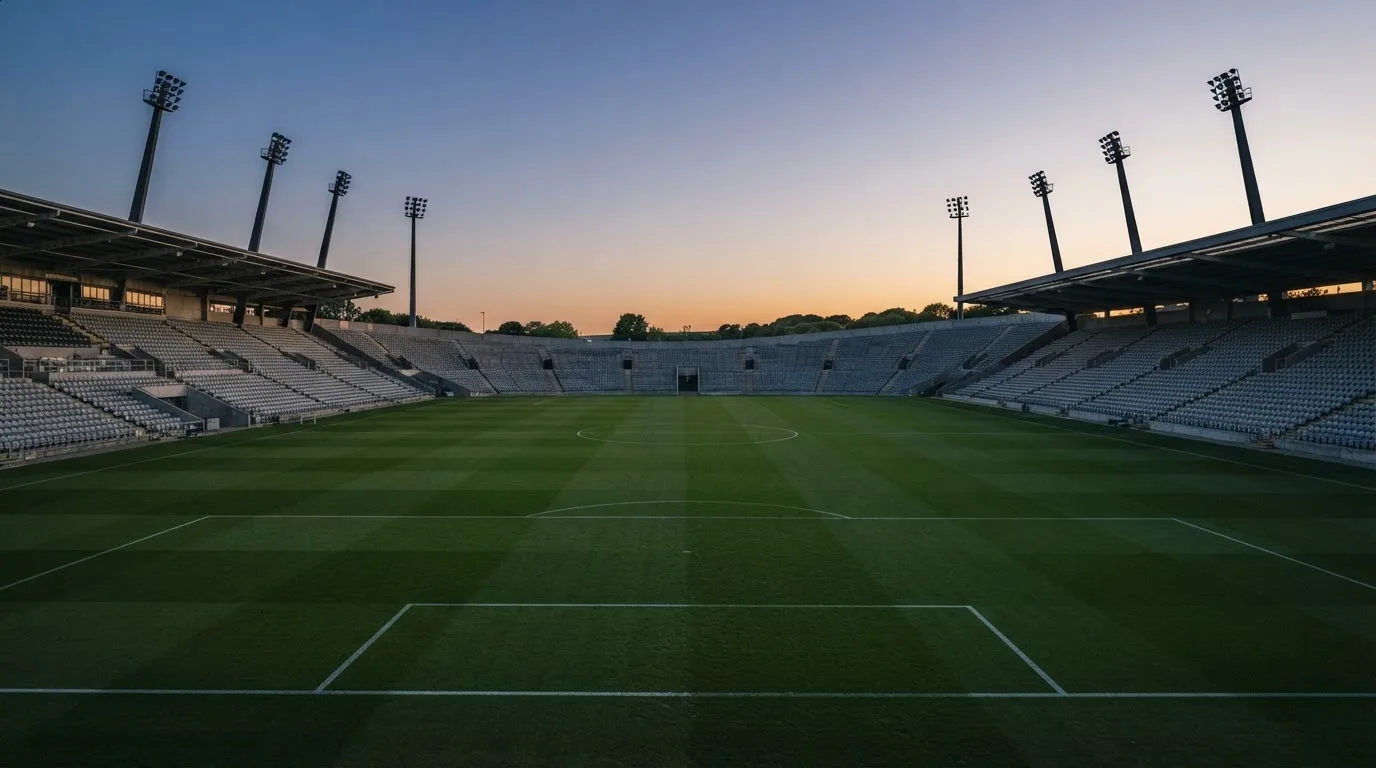 An empty football stadium with floodlight masts at dusk