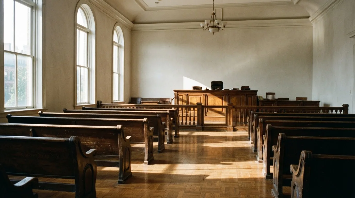An empty courtroom with wooden benches in morning light